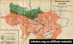 Діалектологічна карта України із брошури Всеволода Ганцова «Діалектична класифікація українських говорів» 1923 року. З карти видно, що ареал вжитку української значно перевершував нинішні кордони України